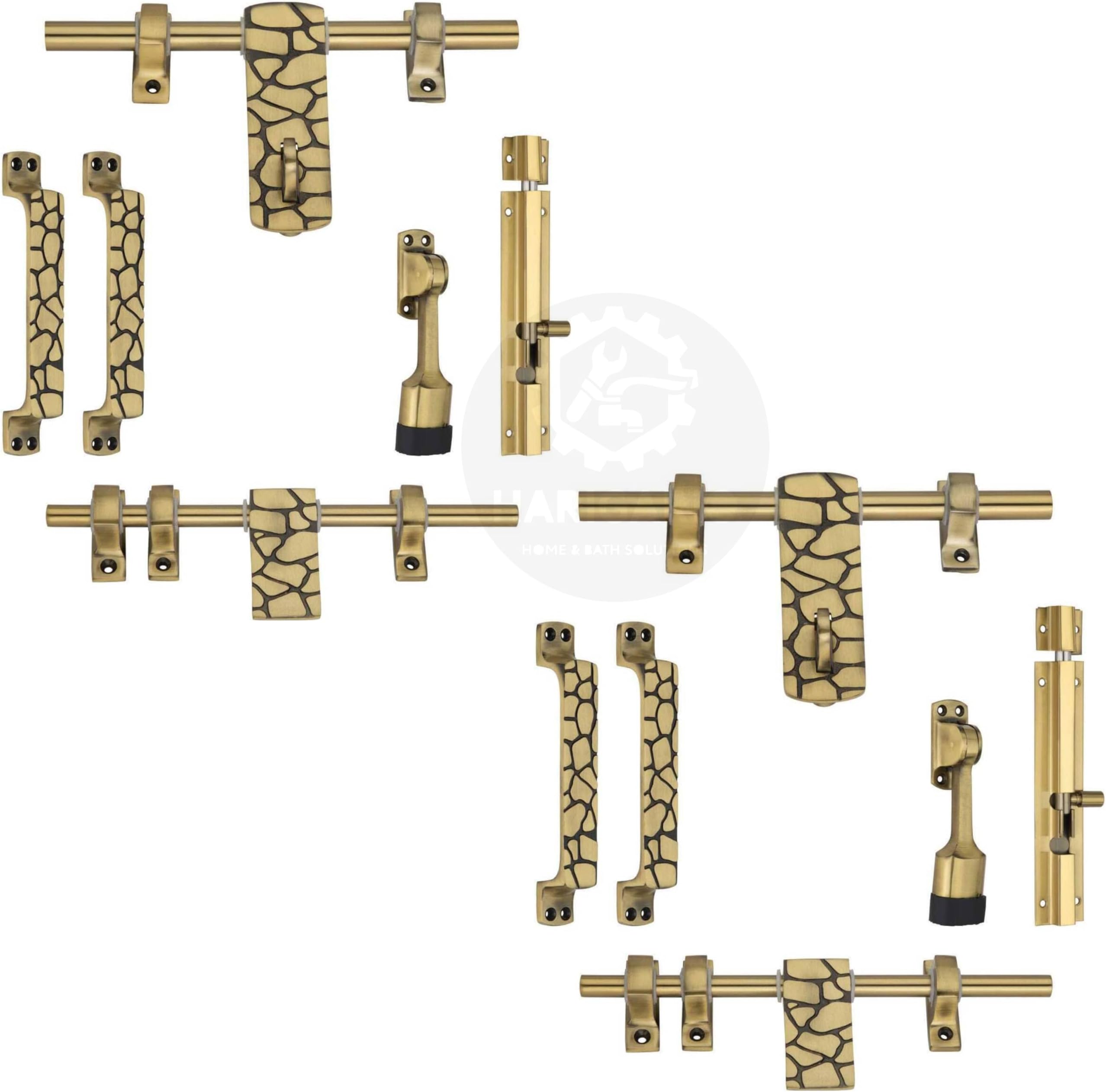 Antique Brass Door Hardware Set with Stone Pattern, 6 Pieces, Includes Aldrop, 2 Handles, Stopper, Latch Bolt, Aluminium, Glossy Finish (Pack of 2)