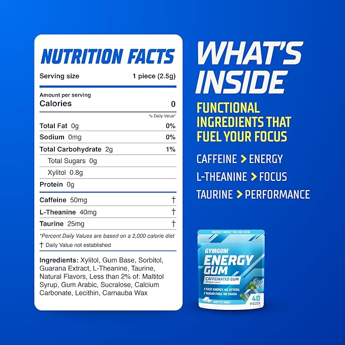 GYMGUM Energy Caffeine Gum Chicle Arctic Mint Sin Azúcar 40 Unidades miniatura 2