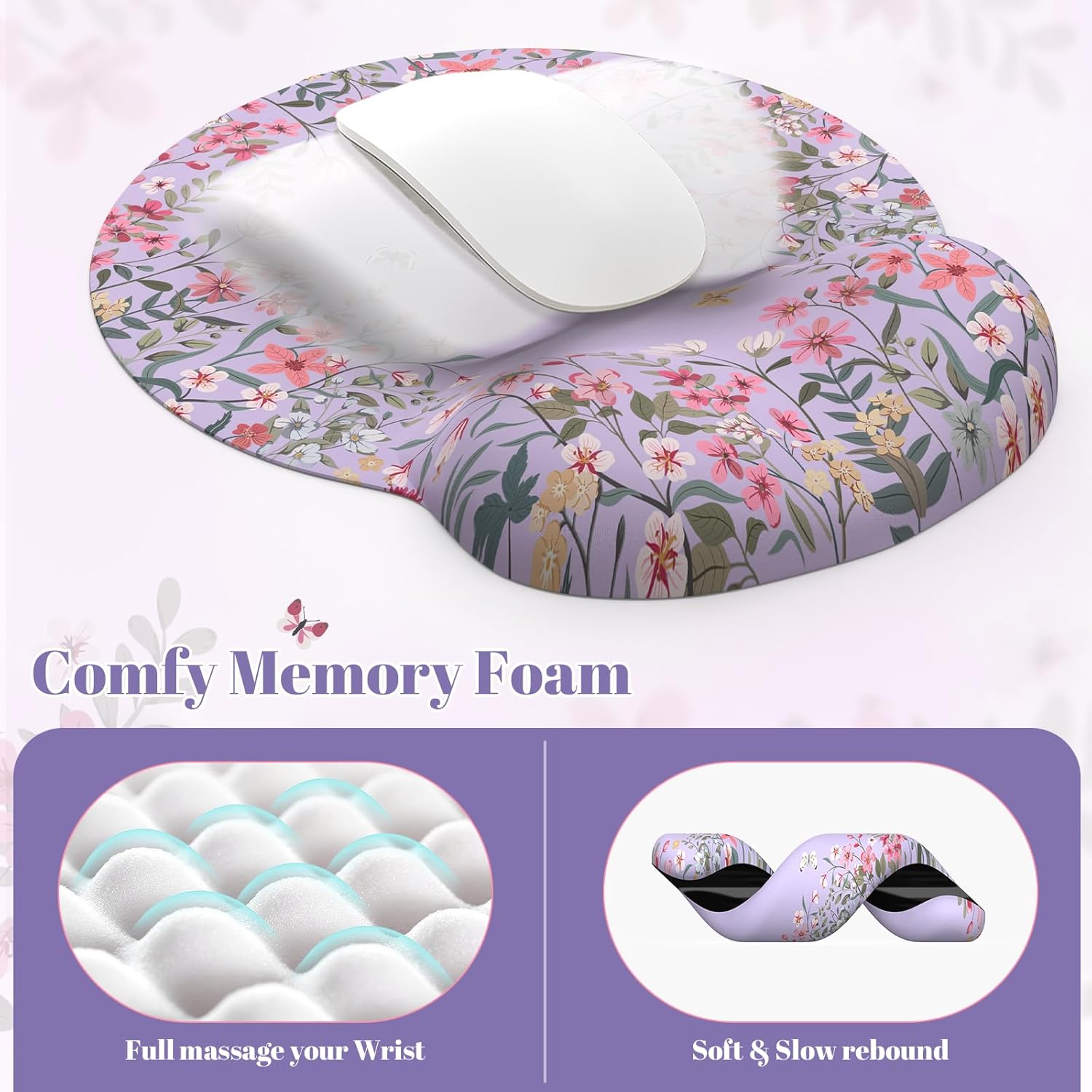 iLeadon XXL Mouse Pad, Mousepad with Wrist Rest, Memory Foam Wrist Support for Keyboard, Ultra Smooth Mouse Pad for Gaming, Purple Desk Mat for Office Home (Floral)