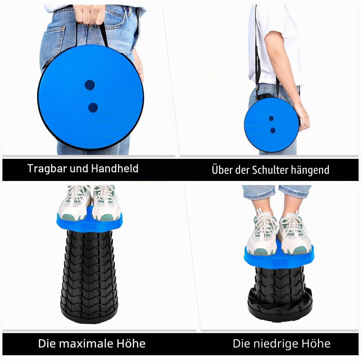 LUXJET Klein Klapphocker Höhenverstellbar für Camping - Tragbarer Falthocker Outdoor Angeln BBQ Drinnen Küche - Teleskophocker Belastbar 180 kg
