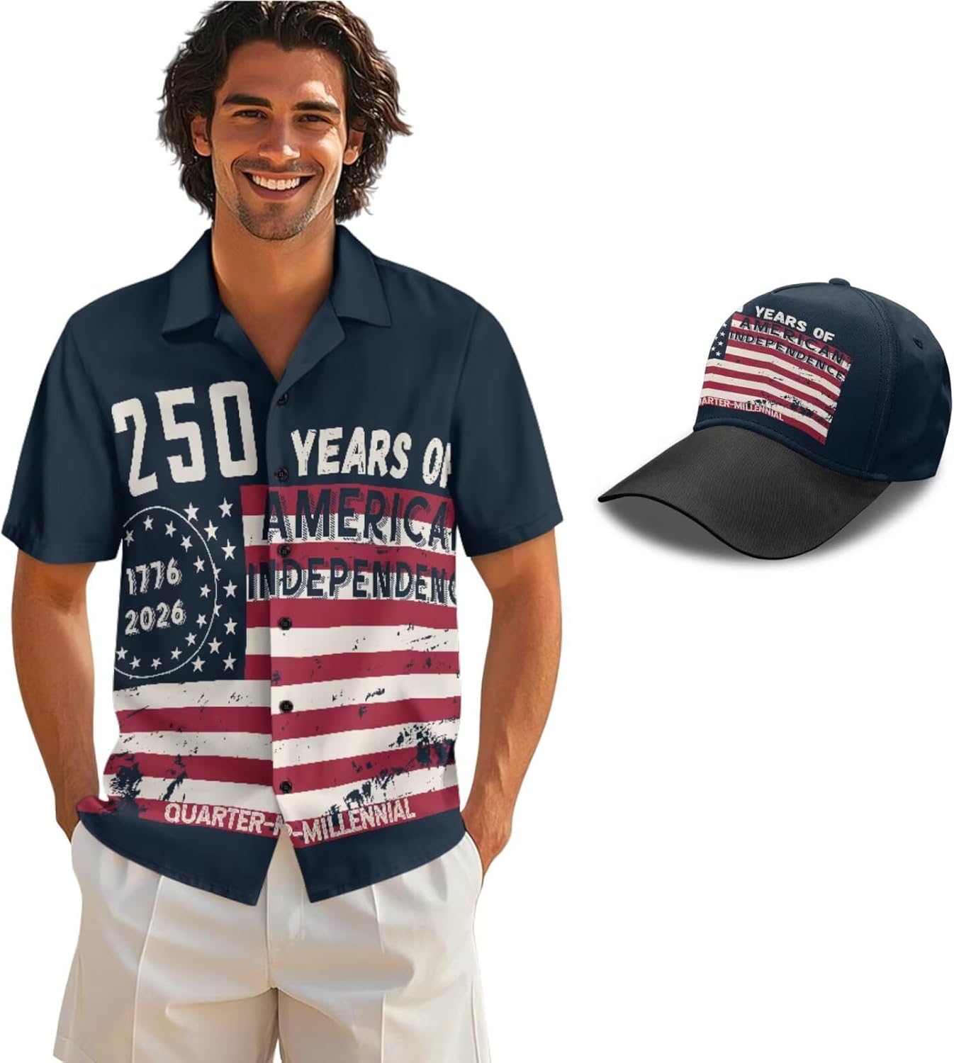Mens 250th Anniversary Patriotic Set, USA 250 Years Button Down Shirts & Baseball Cap for 4th of July Parade