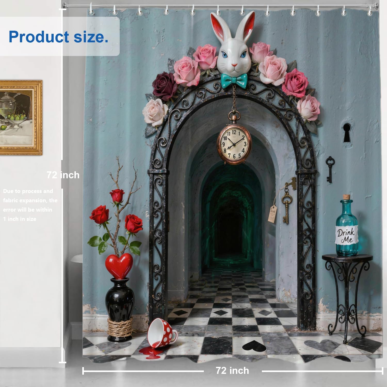Shrahala Blue Rose Shower Curtain, White Rabbit Time Alice in Wonderland Decor Shower Curtain for Shower Stall Bathroom Waterproof of Standard Size 72x72 Inch