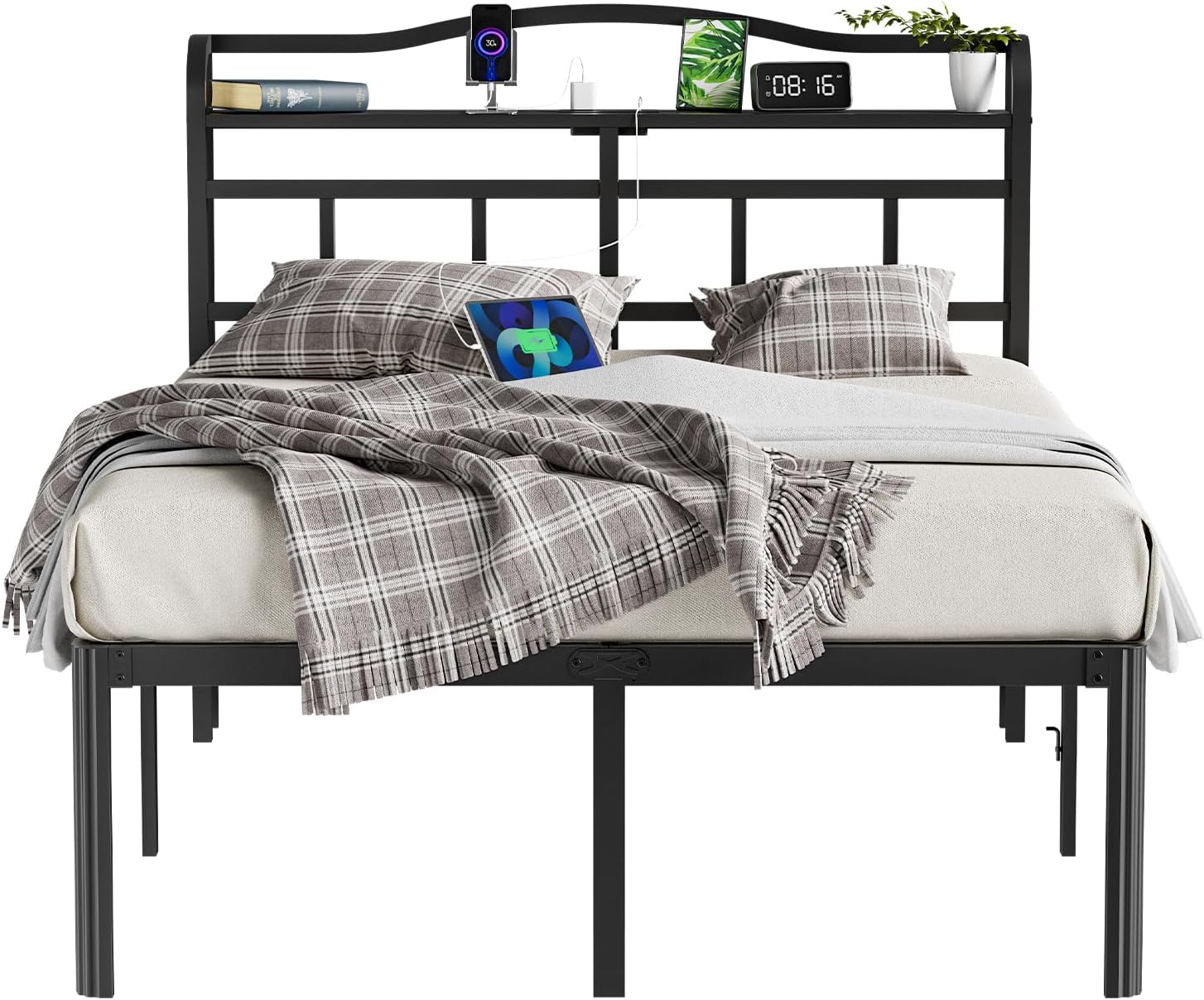 Queen Bed Frame - Storage Headboard with Charging Station, Easy Assembly, Heavy Duty Metal Bed Frame, No Box Spring Needed, 14 Inch, Black