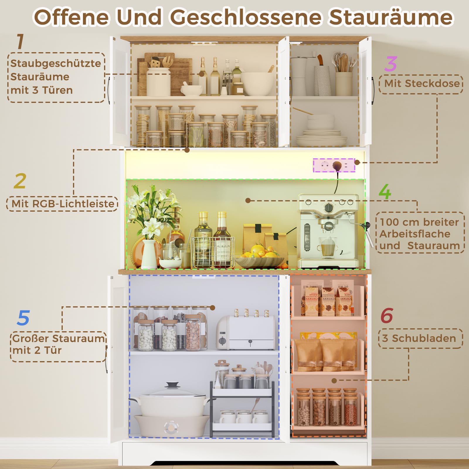BEWISHOME küchenschrank mit LED Licht und Steckdosen küchenbuffet Buffetschrank, Sideboard Hochschrank, 2 Oberkabinette 3 Schubladen 2 Türen, Verstellbare Einlegeböden, 180x100x40 cm, Weiß, EZCG04W
