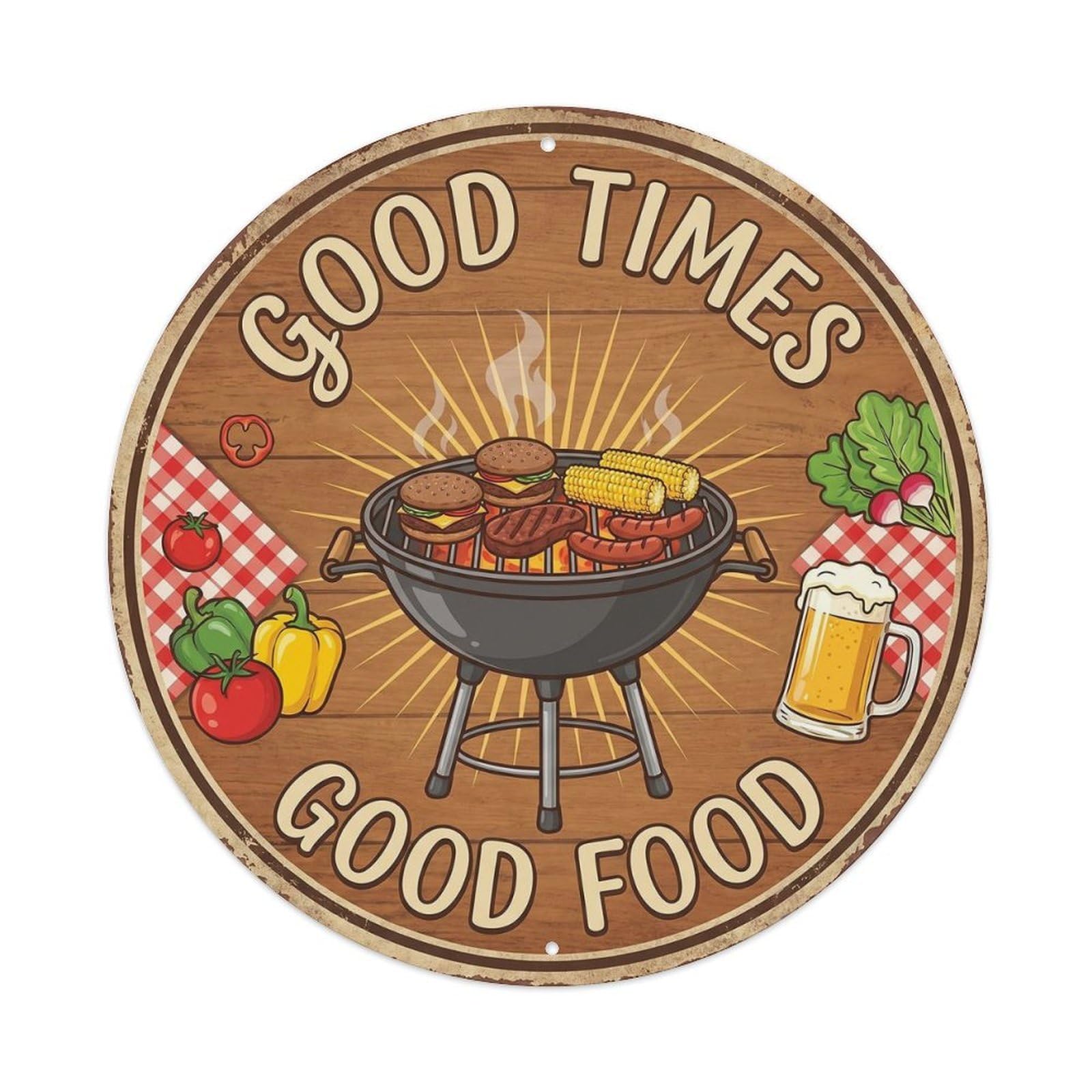 BBQ Barbecue Good Times Vintage Metal Tin Sign Plaque Wall Decor for Cafe, Club, Garden Round Metal Poster 8x8Inch