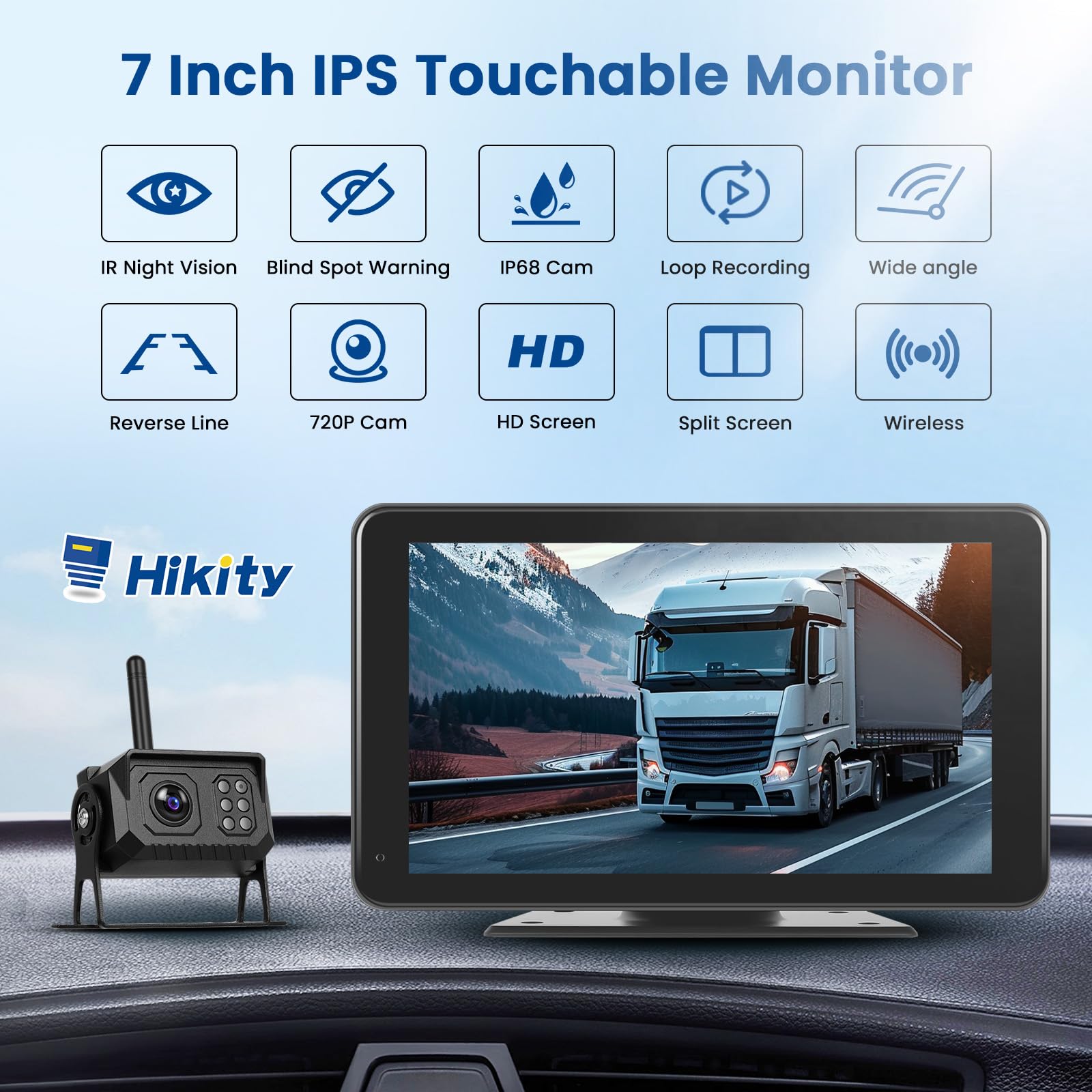Hikity Kamera cofania bezprzewodowa 7" IPS Touchsreen zestaw kampera z noktowizorem z noktowizorem IP68 + nagrywanie w pętli + BSD+ linia cofania do samochodów ciężarowych, przyczep, autobusów