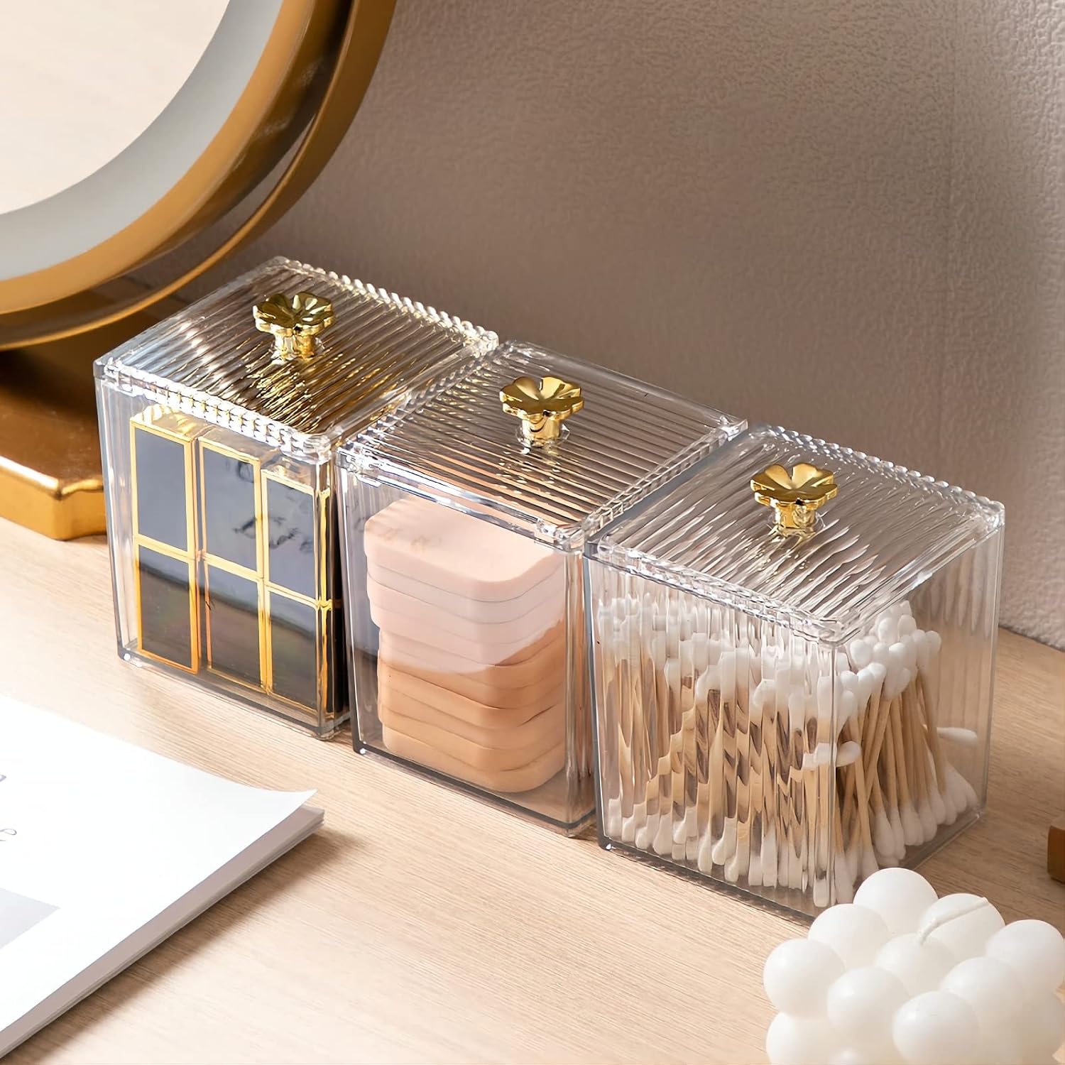 DASITON Acrylic Qtip Holder, Bathroom Jars With Lids Set, Apothecary Jar Dispenser For Cotton Ball, Swab, Round Pads, Floss image 4