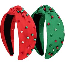 Semato 2 Pcs Christmas Headbands for Women Red and Green Knotted Headband With Pearl for Women Non Slip Headband Wide Christmas Accessories