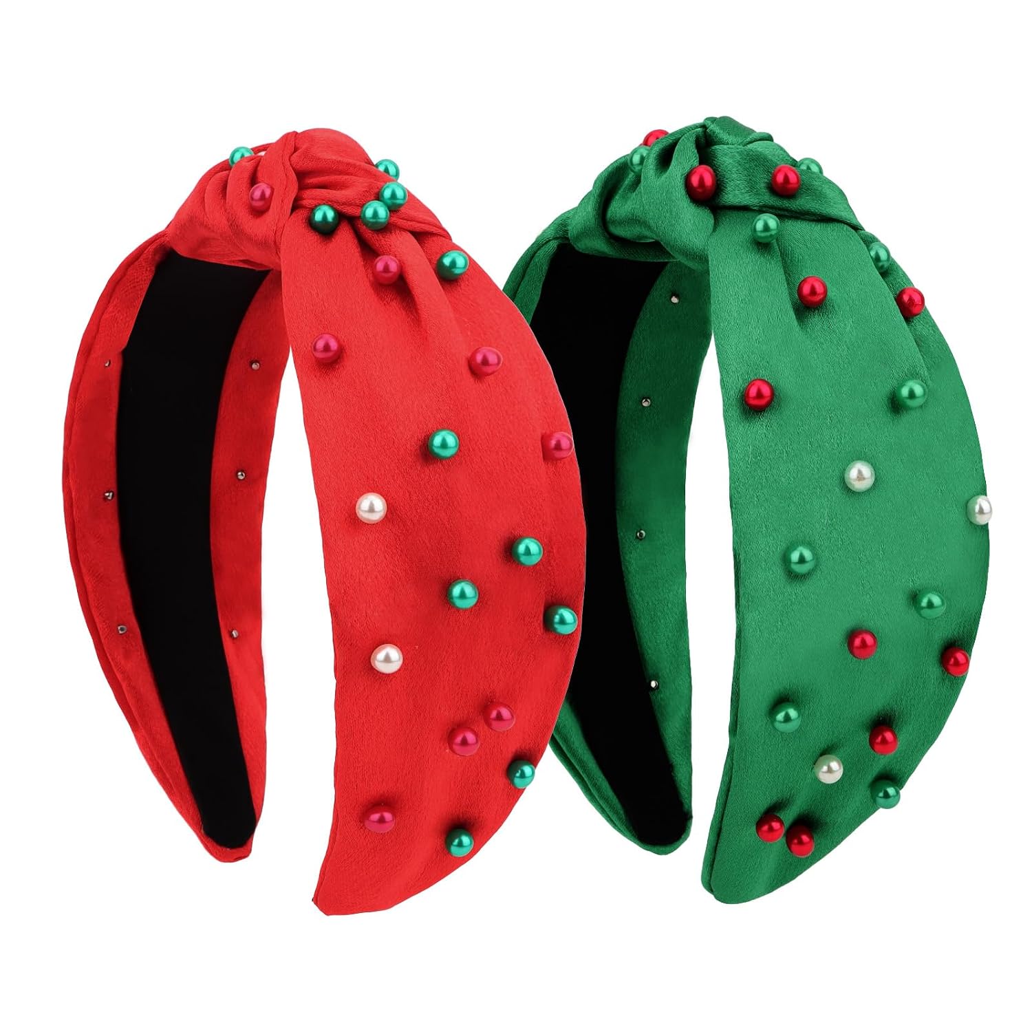 Semato 2 Pcs Christmas Headbands for Women Red and Green Knotted Headband With Pearl for Women Non Slip Headband Wide Christmas Accessories