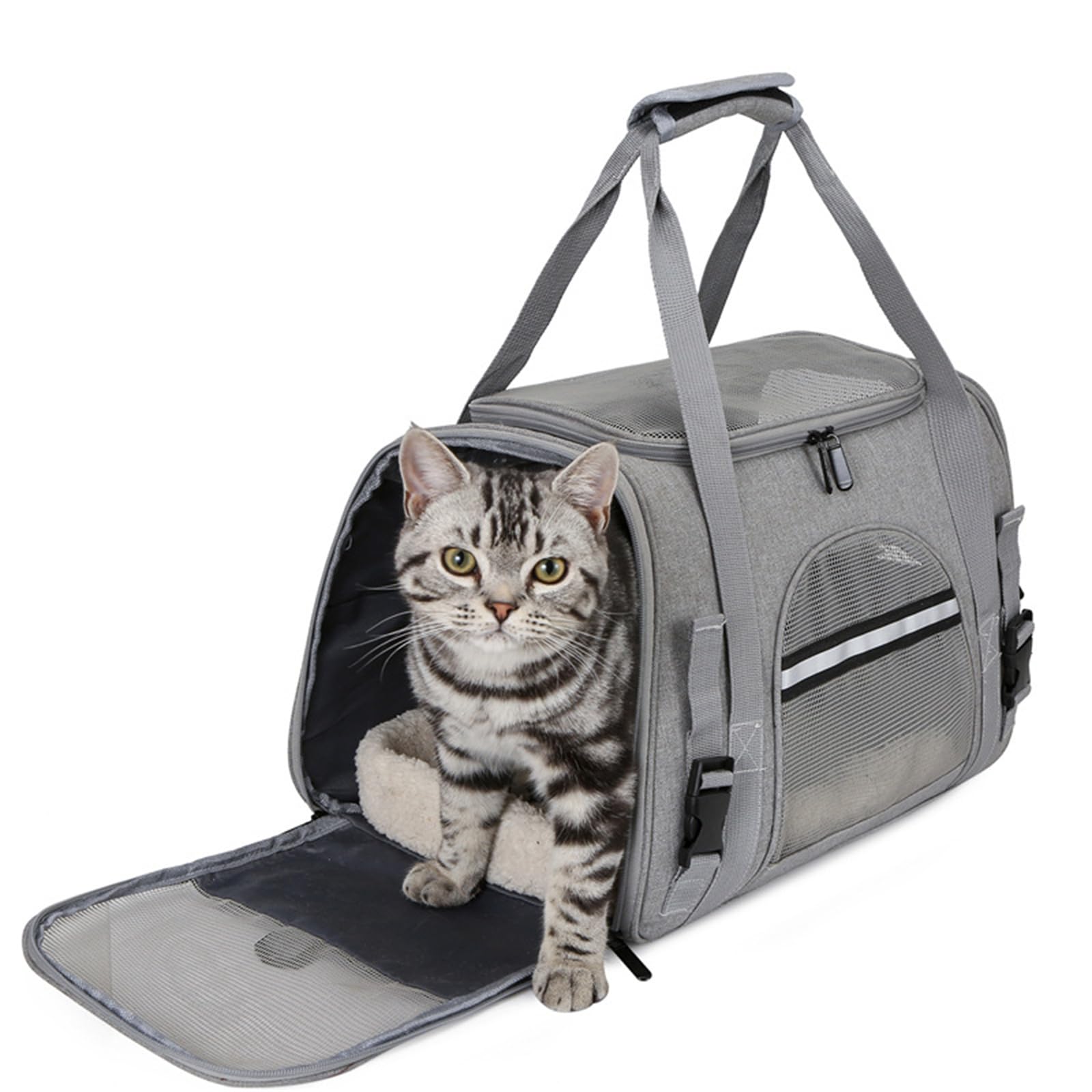 Transportin Gato Perro Pequeño, Bolsa Transporte Mascotas Transportin Gato Plegable Transpirable Duradera Bolsa de Transporte para Cachorros y Gatitos, Viaje, Paseo (43x28x25CM,Negro Gris)