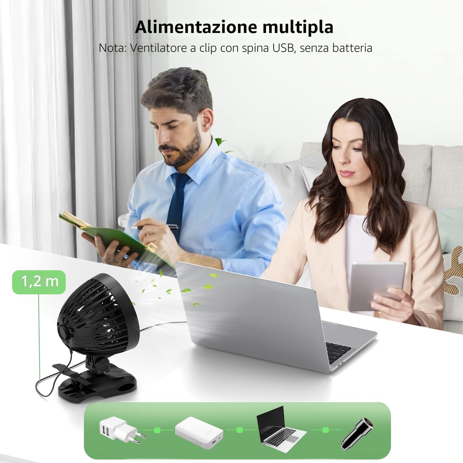 OUILA Ventilatore USB, Mini Ventilatore da Tavolo, 9 Velocità Fan con Clip, Rotazione a 360° Piccolo Fan per Camera da Letto, Casa, Ufficio, Auto, Campeggio - Nero (USB Alimentato)