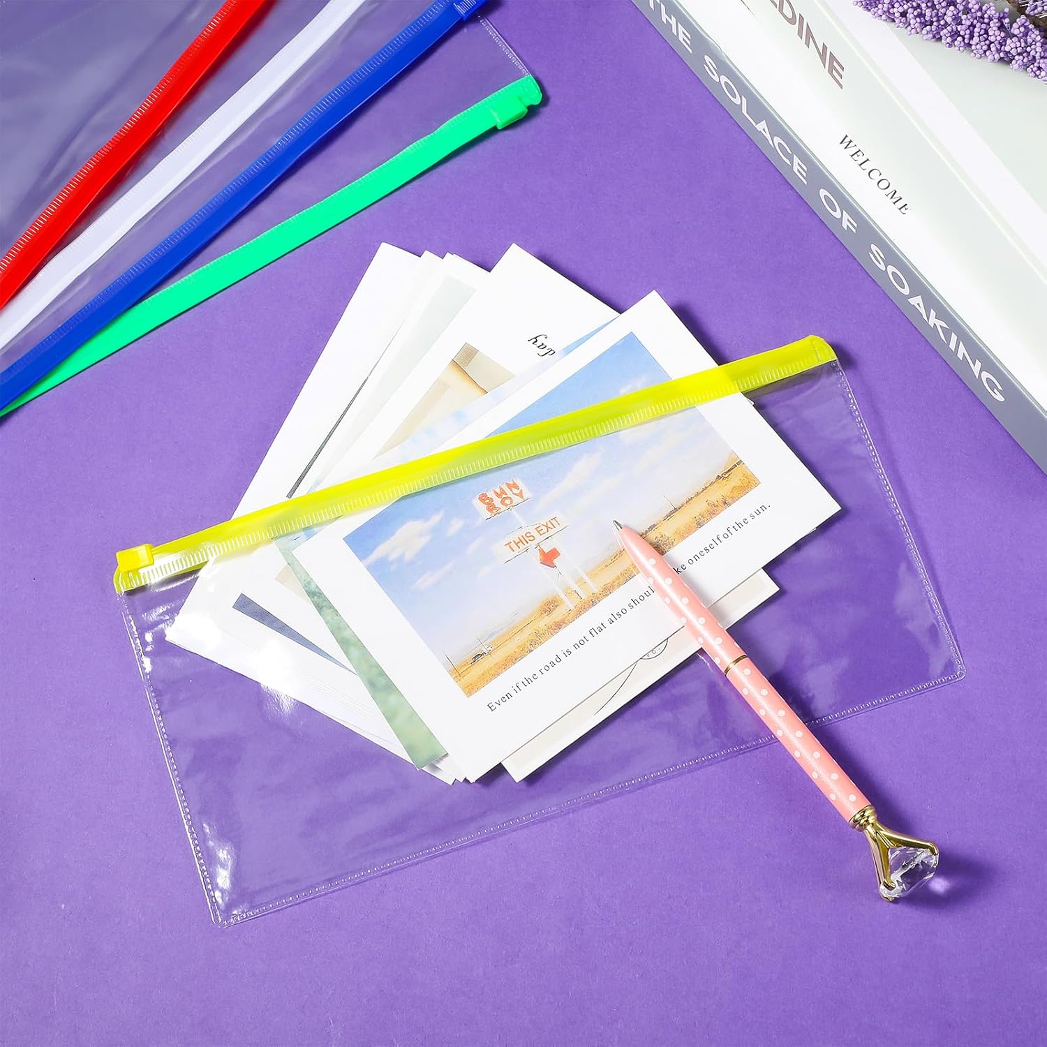 Leinuosen 200 Pcs Clear Zip Envelope A6 Plastic Zip Envelope Waterproof Budget Cash 9.2 x 4.7inch Transparent Document Bag, 5 Assorted Colors Reusable Clear Pencil Bags for Office Supplies