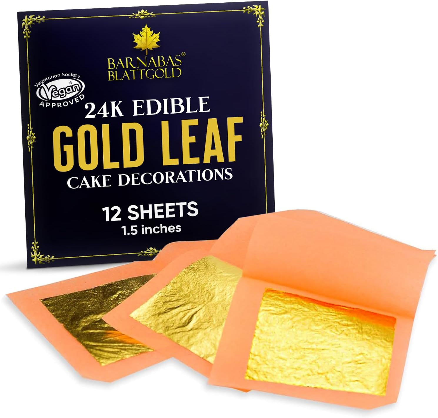BARNABAS BLATTGOLD Genuine Edible Gold Leaf - 12 Sheets - Gold - Gold Leaf - Loose Leaf for Cupcakes and Chocolate - 1.5 inches per sheet - Book of 12 Sheets