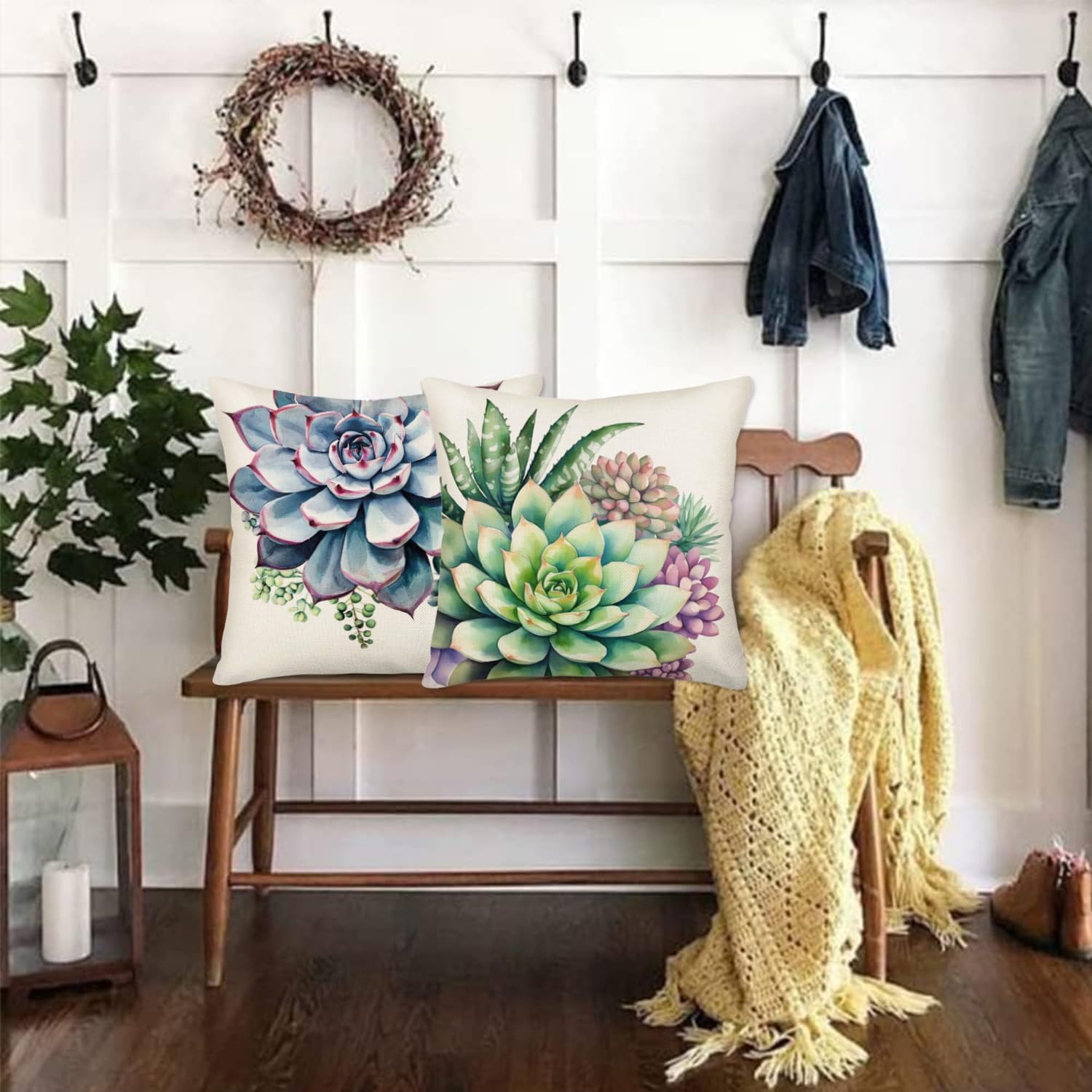 Succulent Cactus Floral Pillow Covers 20 x 20 Inch Set of 4 Tropical Green Plants Flower Summer Decorative Throw Pillow Case Cotton Linen Square Outdoor Cushion Cover for Sofa