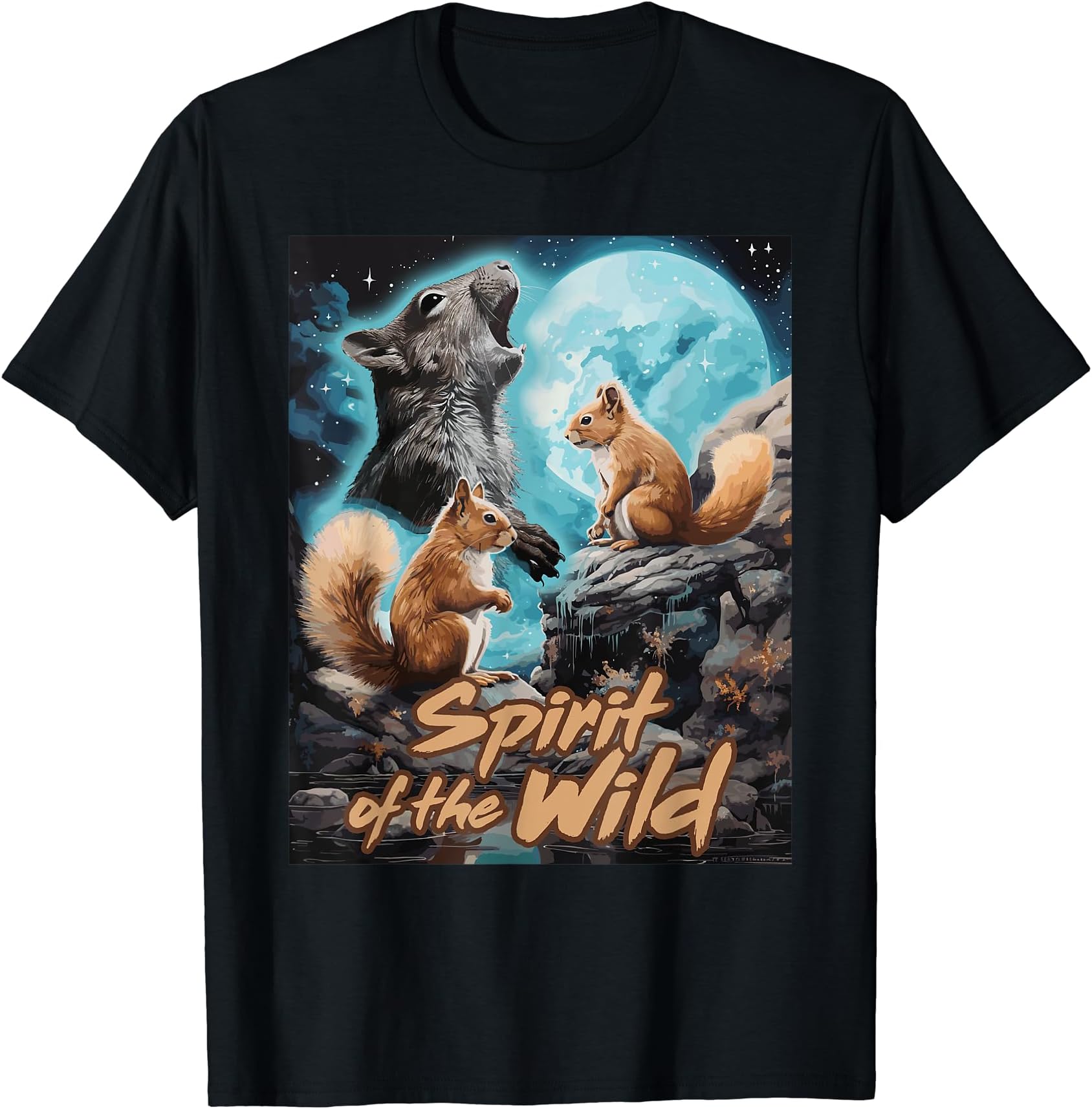 Presto Spirit of the Wild Funny Squirrels Black Women's Cartoon Animal-Print T-Shirt, Small, Short Sleeve, Classic FitOEKO-TEX STANDARD 100