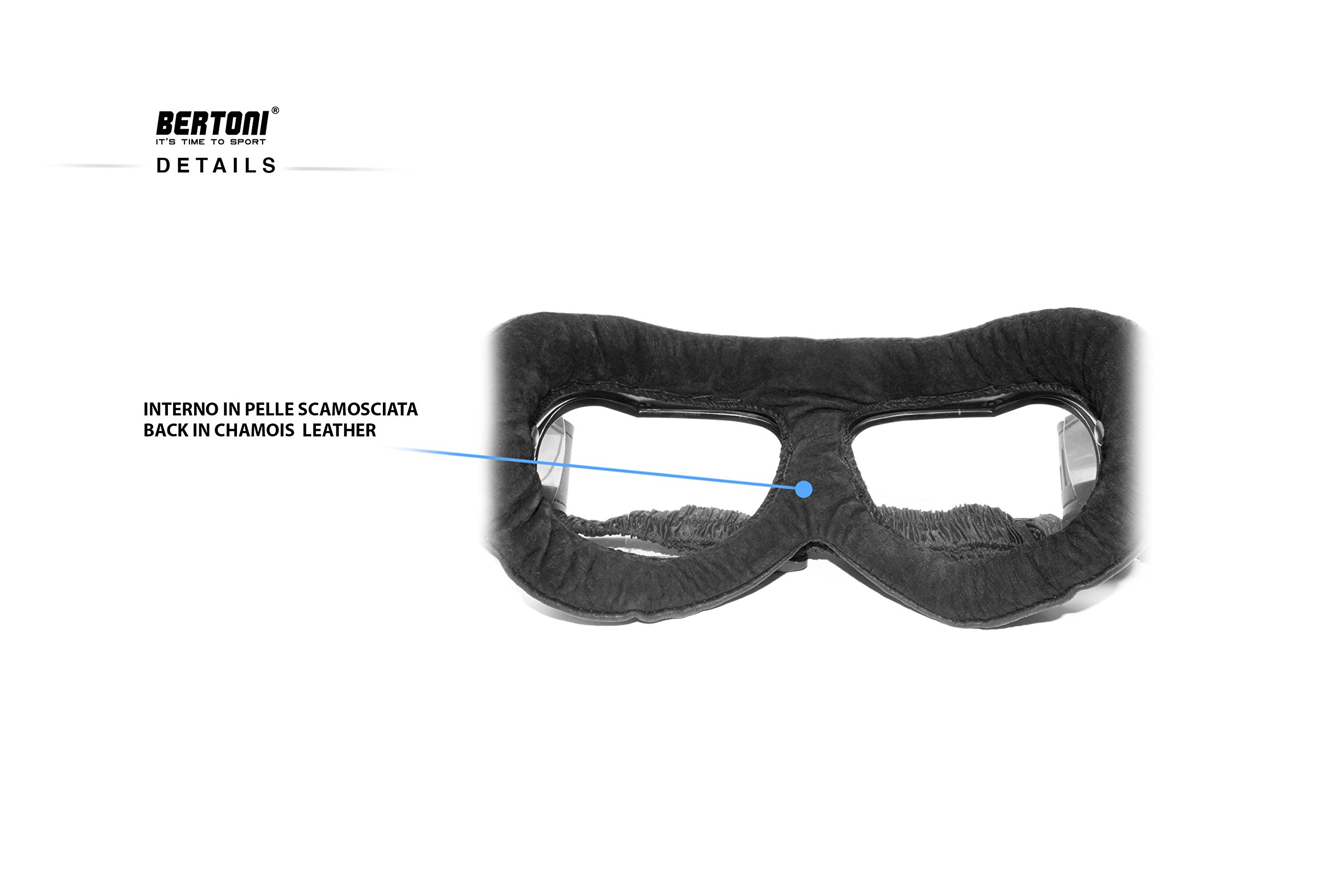 Bertoni Lunette Moto en Cuir de Veau avec Verres Anti-buée - Profil en Acier Inoxydable AF191L
