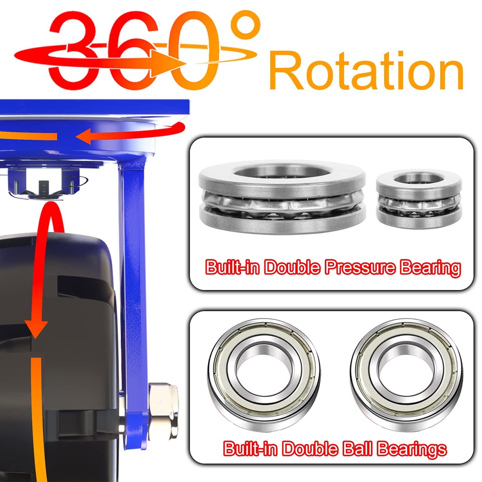 ESOYAWE 4er-Packung Ø 150mm 200mm 250mm 300mm Schwerlast Stielrollen, Pannensichere Vollgummi Lenkrolle Mit Bremse, Industrie Transport Lenkrolle Leicht Zu Installieren, for Trolleys Werkbank