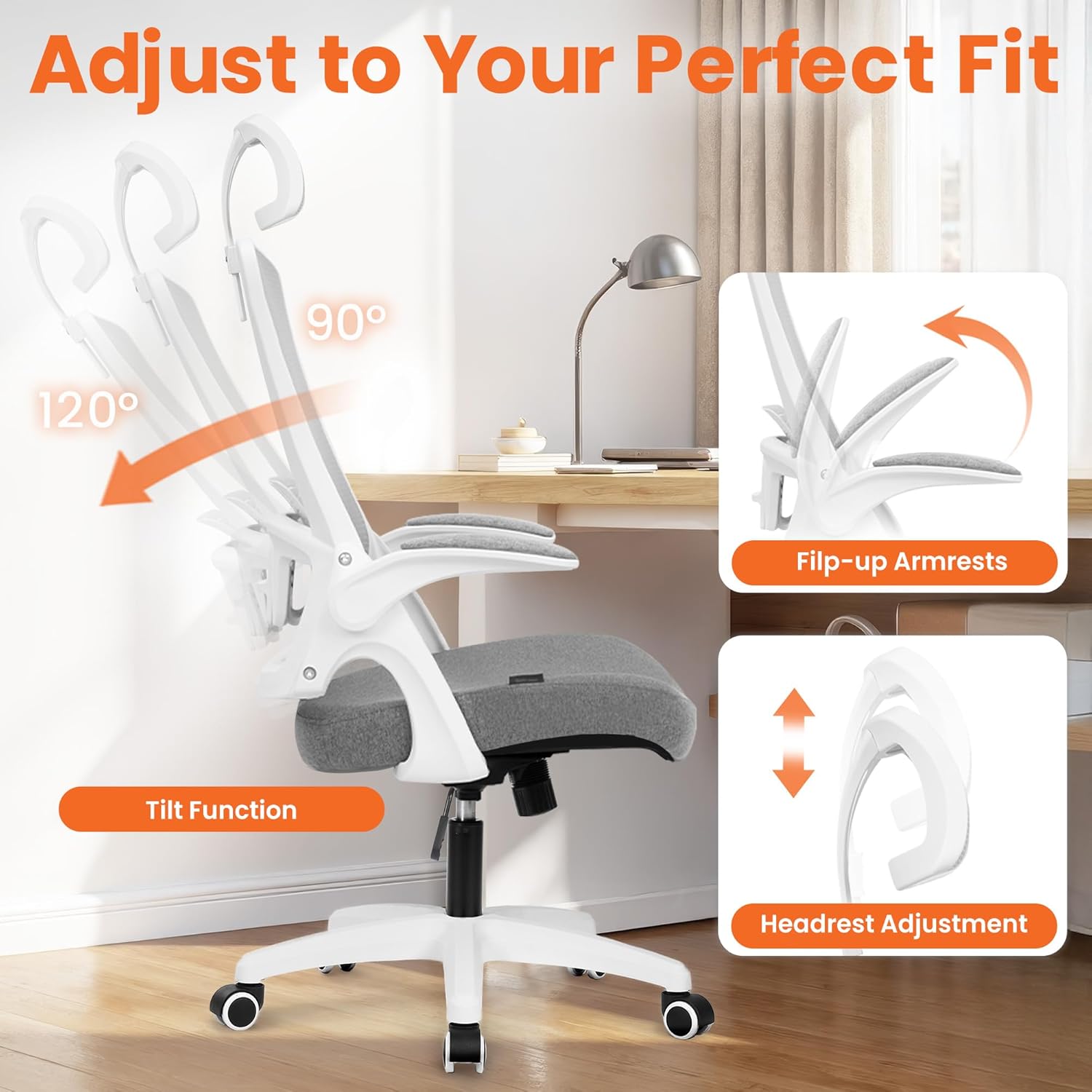 NEO CHAIR Office Desk Chair Gaming Computer High Back Support Mesh Comfy Seat with Adjustable Ergonomic Headrest Lumbar Rolling Flip-up Armrests and Wheels (Grey)