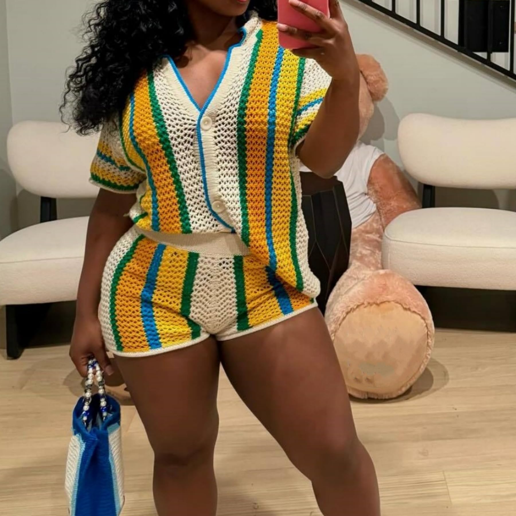 Unybwoon - Set di 2 pezzi da donna in maglia estiva con bottoni e pantaloncini trasparenti