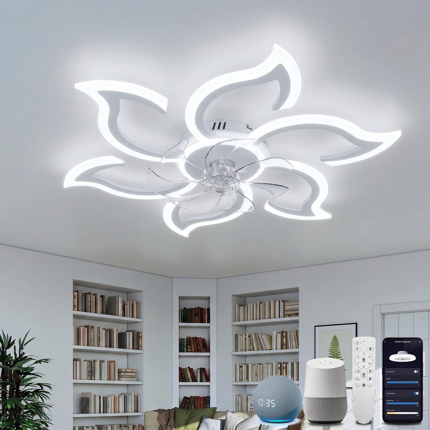 Smart Ceiling Fan Lamp Bedroom, 88 cm Ceiling Fan with Light and Remote Control Compatible with Alexa and Google Home, Ceiling LED Ceiling Fan Silent, Summer/Winter Mode, White