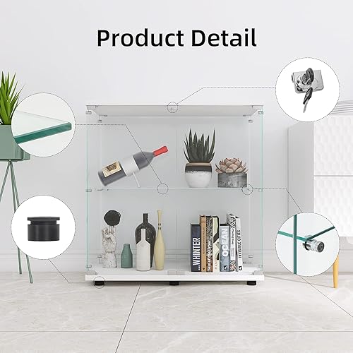Miniatura 3 de LFT HUIMEI2Y Vitrina de cristal con 2 estantes con puerta y cerradura, gabinetes Curio, vitrina de vidrio templado de 0.197 in, estantería de pie