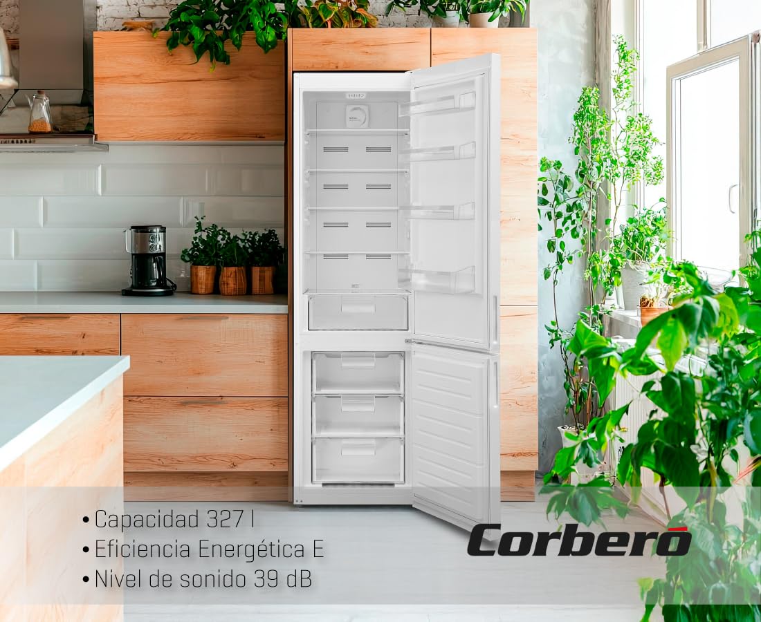 Corberó - Frigorífico Combi | CC200V24NFW | 327L | 60x59,5x201 | No Frost, Luz LED, Crisper, Balcones Ajustables, Estantes de Cristal, Huevera | 39 Db | Blanco