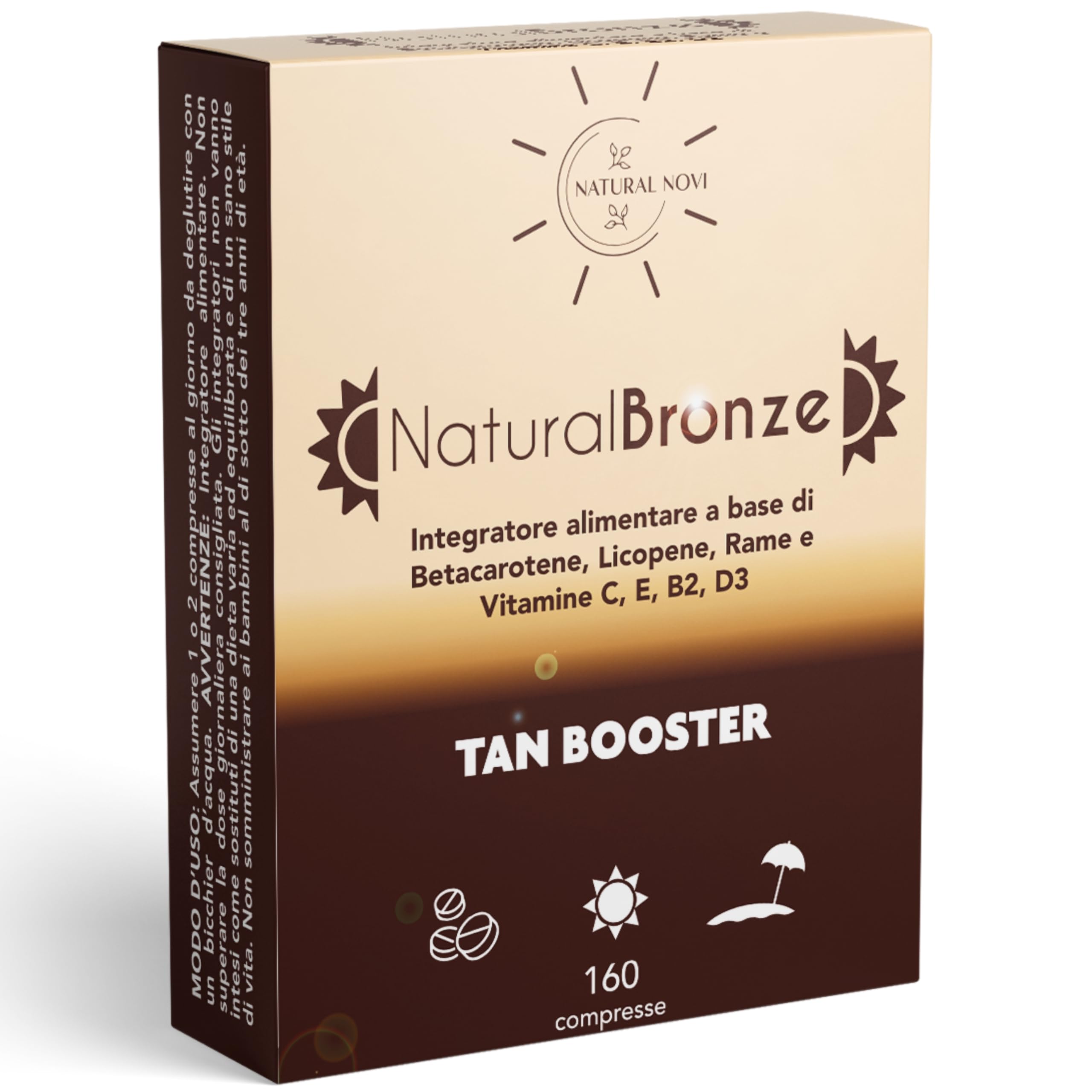 Integratore Abbronzatura NaturalBronze | 160 compresse | Betacarotene, Licopene, Rame, Selenio, Vitamine B, C, D, E | Attivatore Abbronzatura forte | Prepara accelera protegge e mantiene pelle dorata