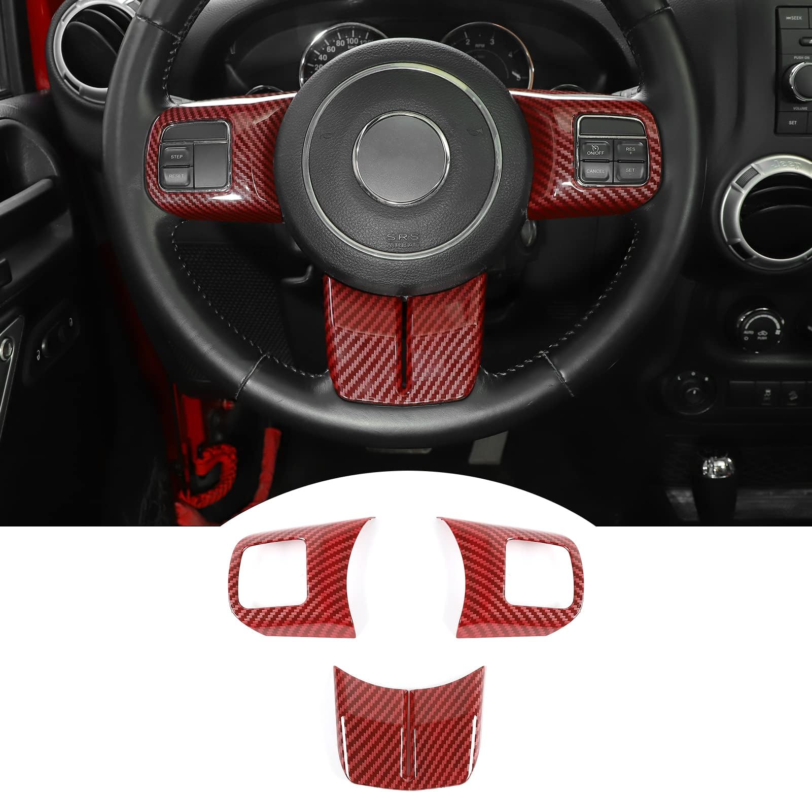 JeCar Interior Steering Wheel Decoration Trim Kits For Jeep Wrangler 2011-2017 JK & Unlimited/Patriot Compass 2011-2016 & Grand Cherokee 2011-2013, Red Carbon Fiber Finish