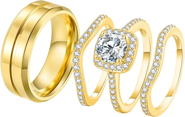 Couple Rings Matching Ring 1.8ct CZ Gold Plated Women Wedding Ring Sets for Him and Her His Engagement Bridal Ring Sets