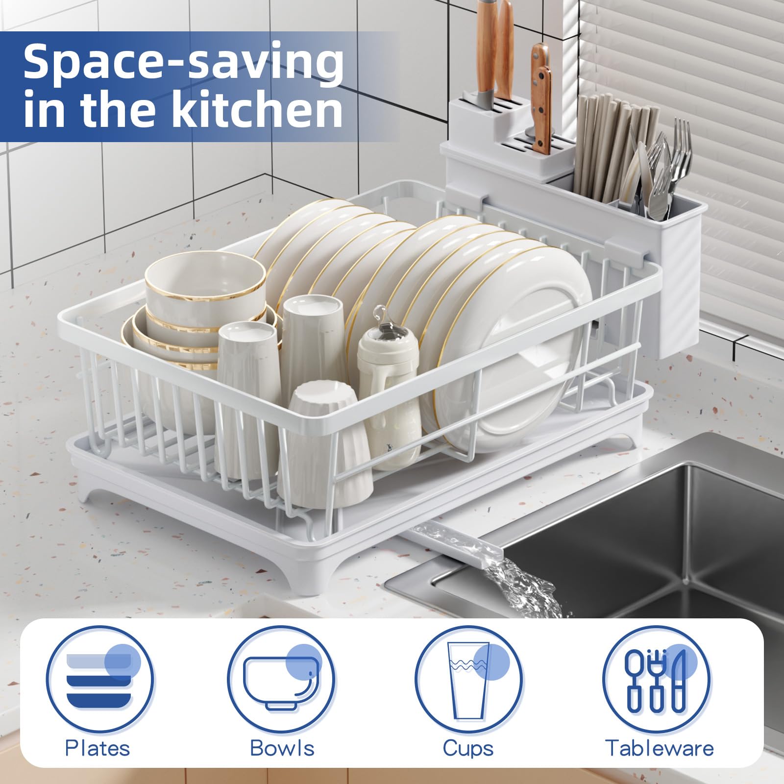 PurKeep Dish Drainer Rack, Dish Rack with Utensil Holder for Kitchen Counter Space-Saving - Image 2