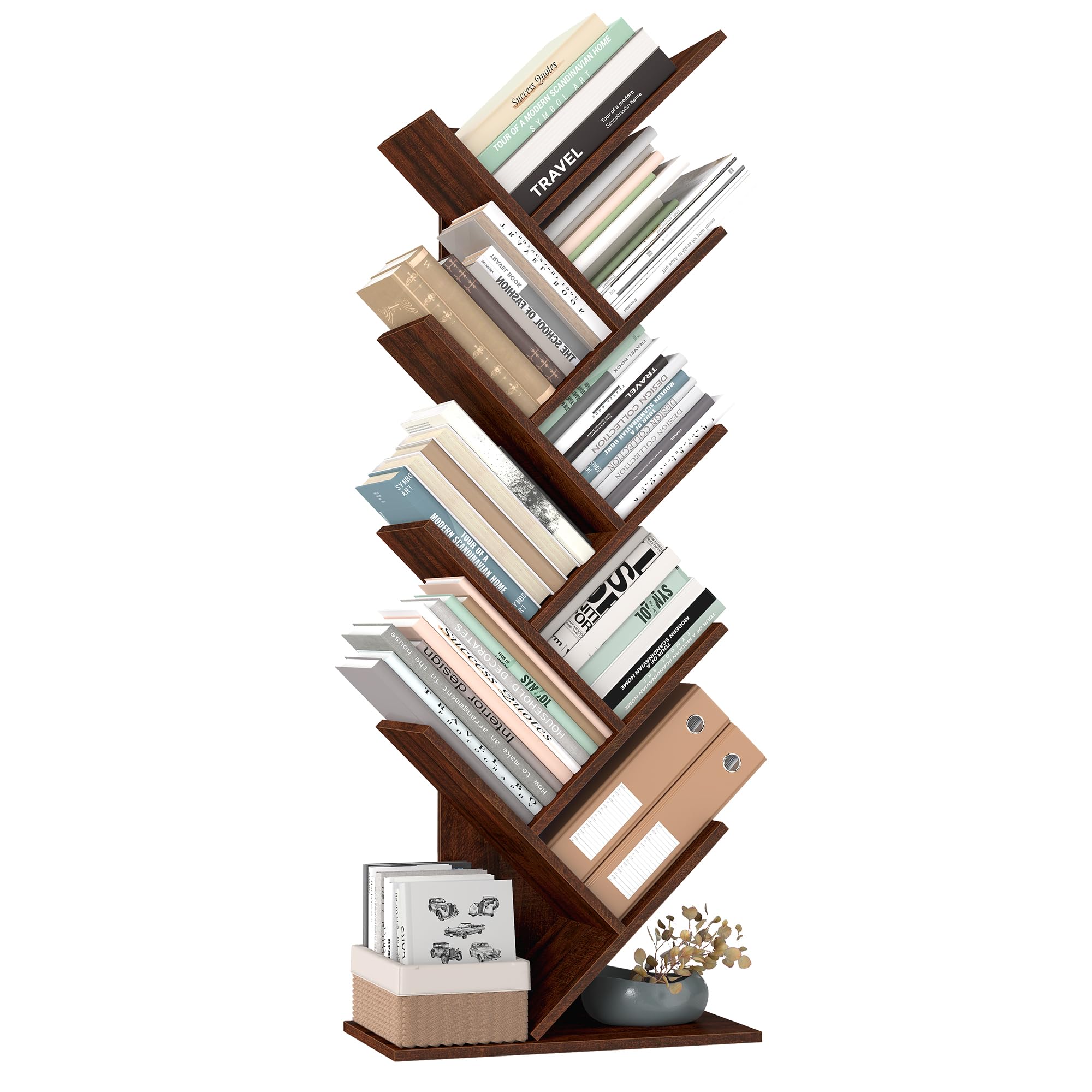 Tree Bookshelf, 9-Tier Bookcase, Large Bookshelf, Space-Saving Corner Shelf, Book Tree, Holds Books, CDs, Games, for Bedroom, Living Room, Home Office, Walnut Color ULBC11BY