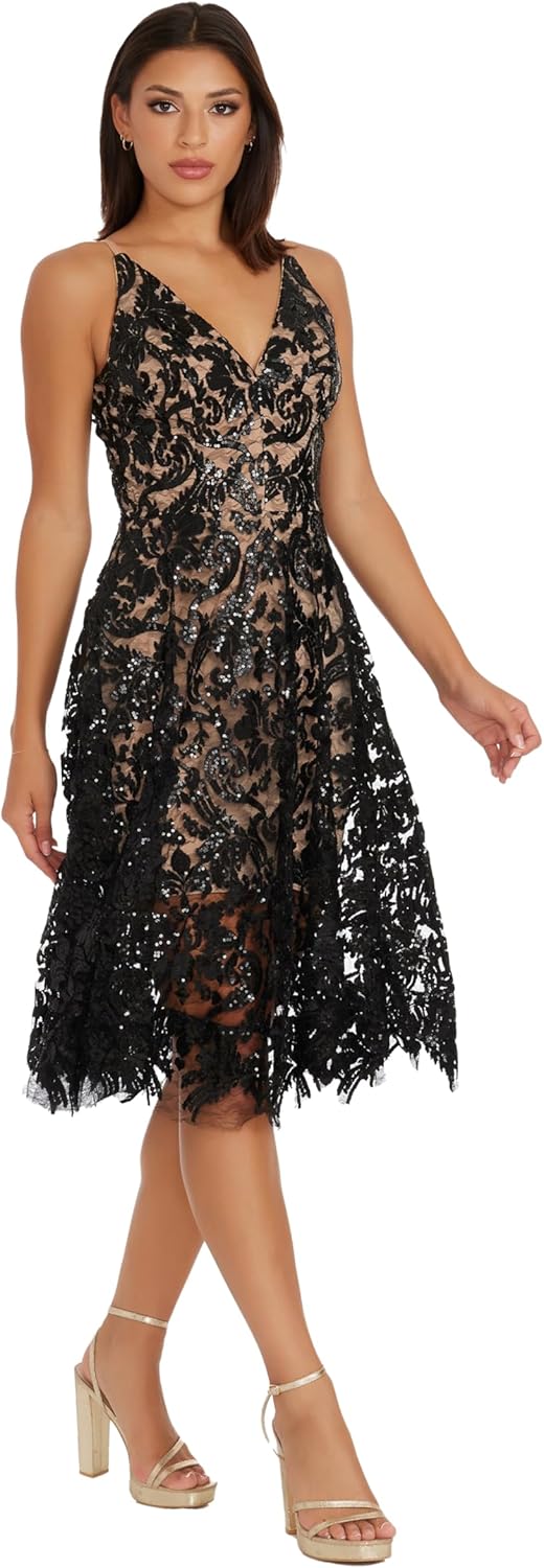 Dress The Population Womens Blair Plunging Fit and Flare Midi Dress