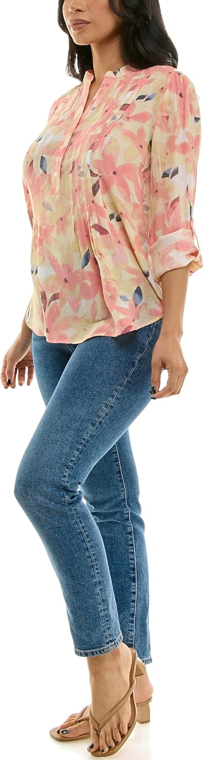 Zac & Rachel Womens 3/4 Sleeve Linen-Like Blouse with Henley Collar and Pintucking Detail - Image 5