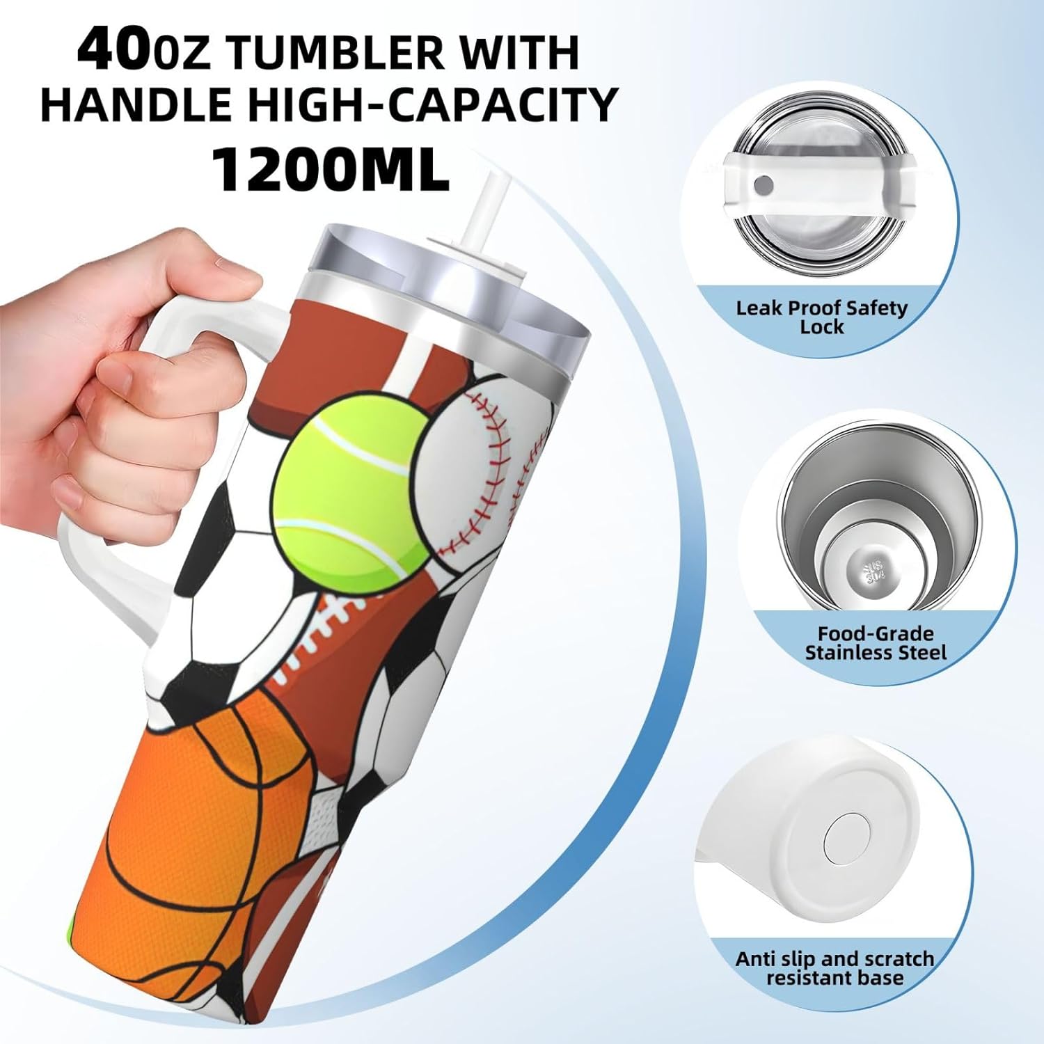 40 OZ Sports Ball Print Ice Bully Cup with Handle Straw Lid Straw,Stainless Steel Tumbler Coffee Cup