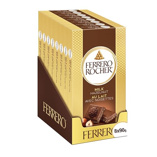 FERRERO ROCHER Premium Chocolate Bar - Milk Chocolate With Hazelnut 90 g Bar - 8 Bars - 90 g x 8 - Milk Hazelnut - 8 bars