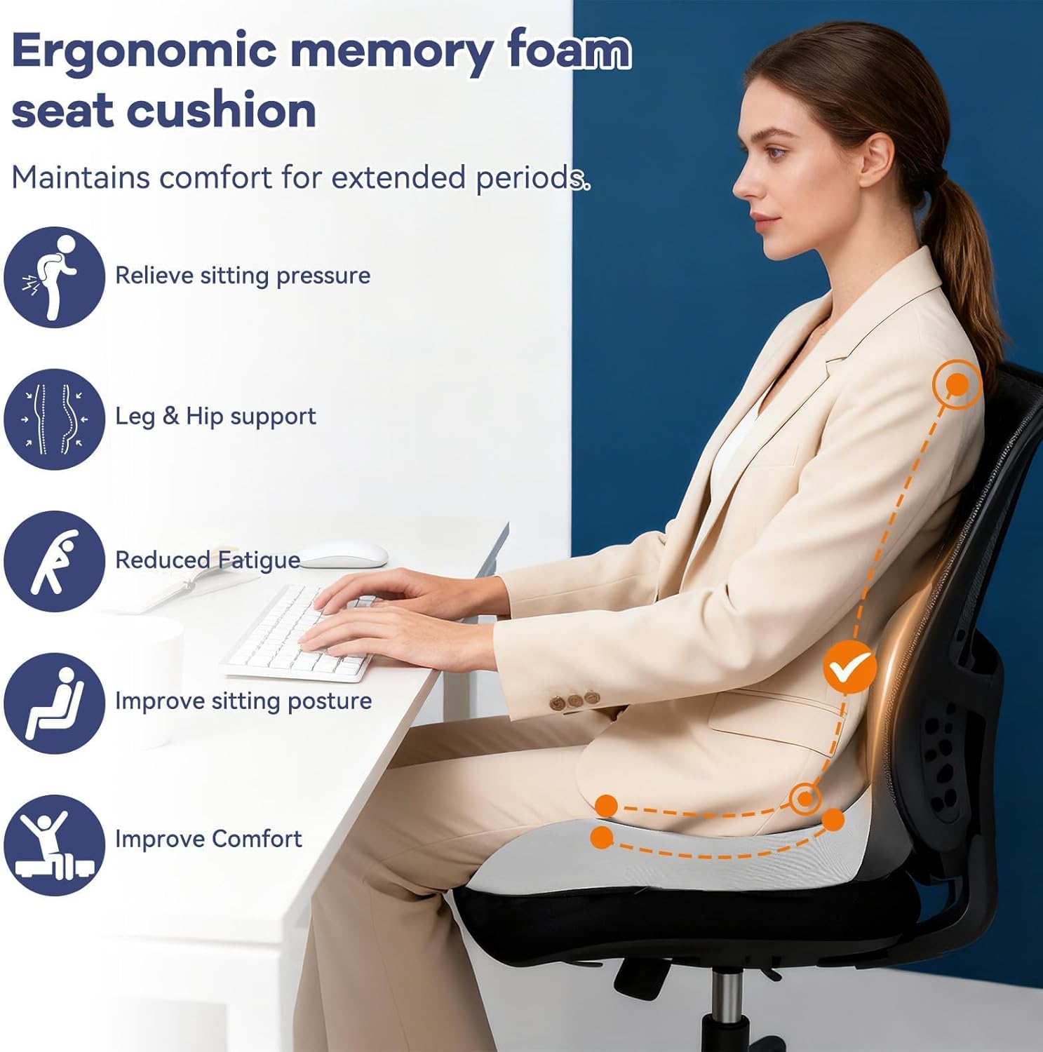 Ergonomic Seat Cushion for Office Chair & Car - Memory Foam Car Cushions for Driving with L-Shaped Design, Adjustable Strap, Non-Slip Bottom - Orthopedic Pad for Truck Driver (Grey)