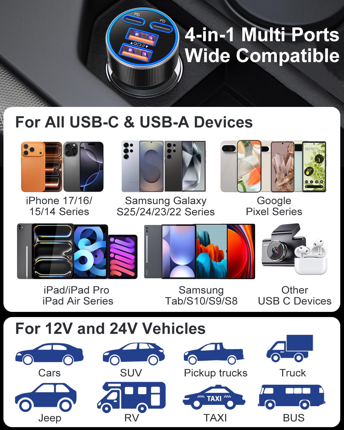 Ładowarka samochodowa USB C, ulepszona ładowarka samochodowa 90 W, 4-portowa, podwójna 12 V, USB-C i USB-A, wieloportowa ładowarka do telefonu QC 3.0/PD45W, super szybkie ładowanie, adapter do