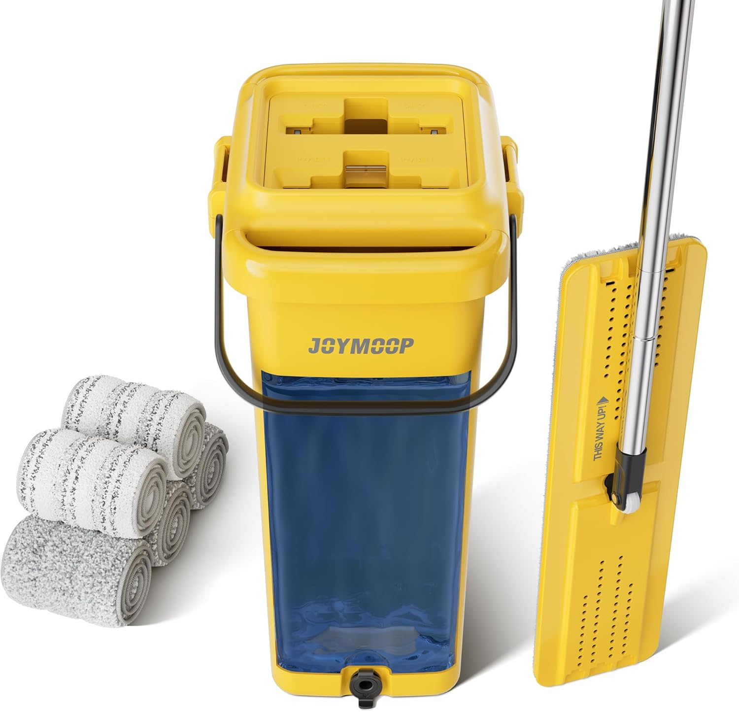 joymoop industrial mop and bucket set, 17.7-inch dust mops for floor cleaning, flat mop bucket with wringer, include 5 reusable microfiber mop pads - yellow 17.7" mop-head - 60" mop+5 mop pads