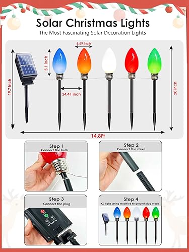 Miniatura 2 de Paquete de 10 luces solares de Navidad C9 jumbo, bombillas grandes, impermeables, decoraciones de Navidad al aire libre, luces alimentadas por