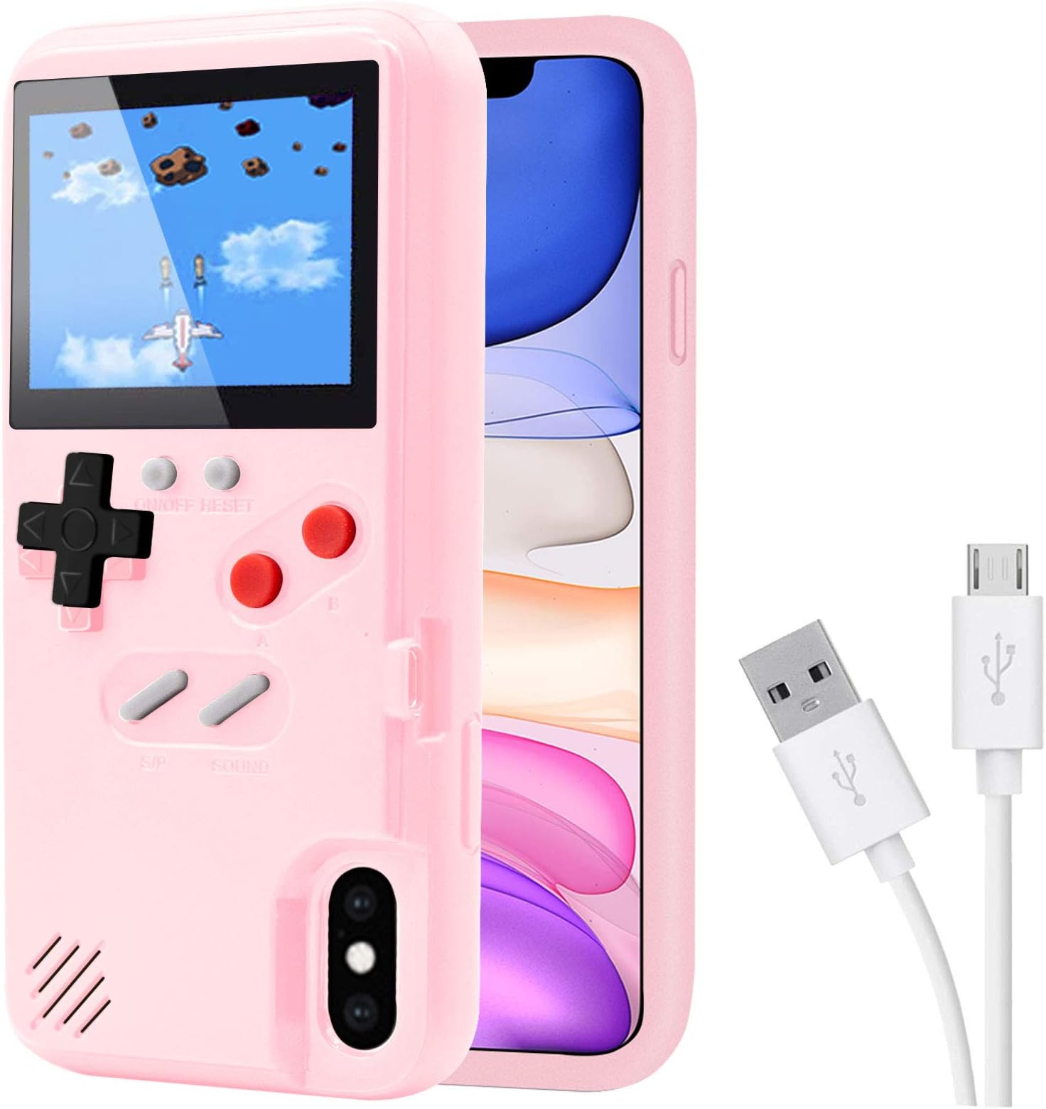 Game Case for iPhone, Retro Protective Case with Own Power Supply, 36 Small Games, Colour Display, Video Game Case for iPhone X/Xs (Pink)