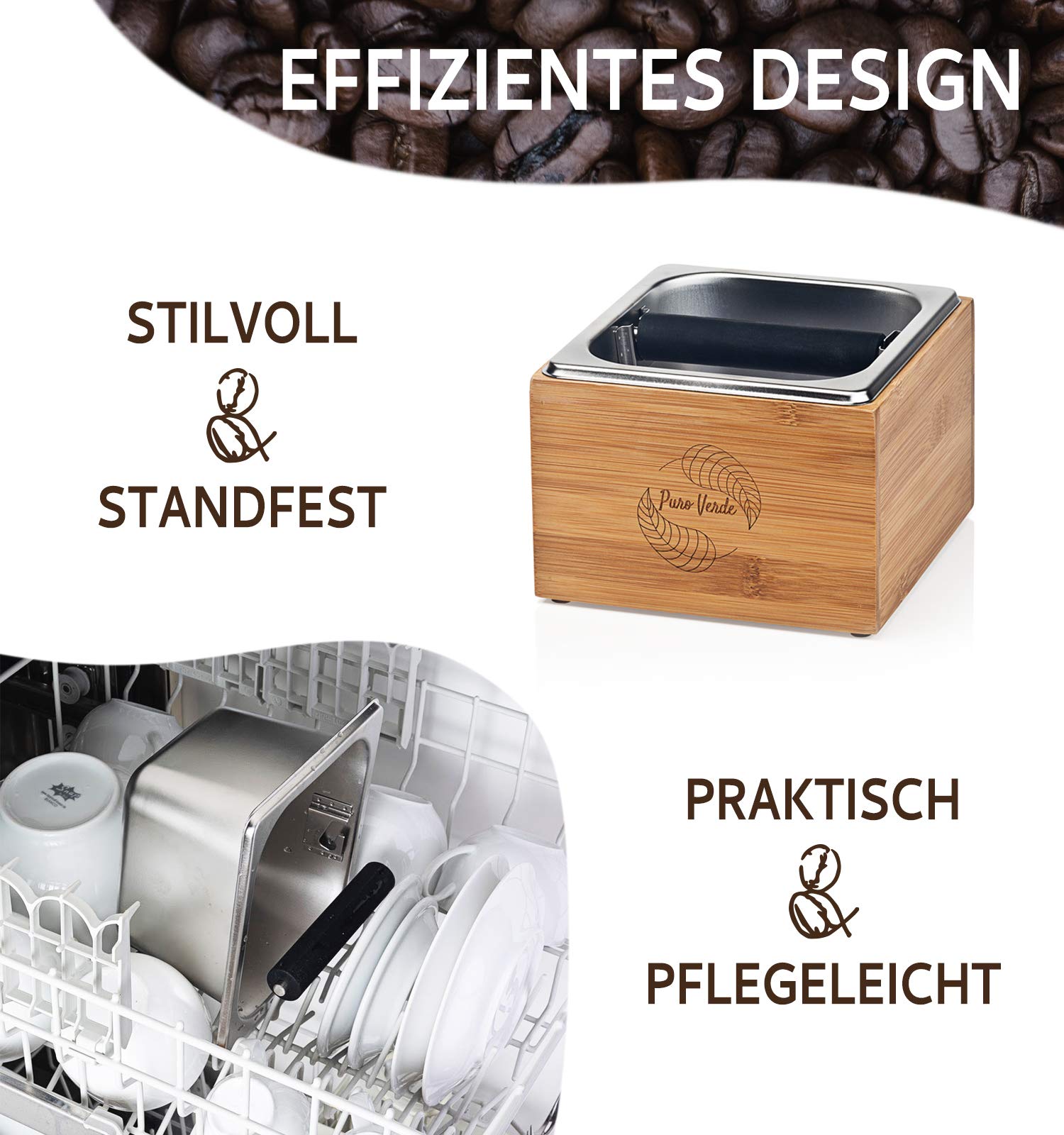 Abkopfbehälter für Siebträger | 3-teiliges Barista Zubehör Set aus Bambus Case, Edelstahl Knock Box & Herausnehmbarer Stange