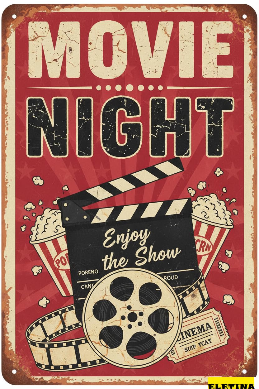 Vintage Metal Tin Sign Movie Night Enjoy The Show With Popcorn Decor Home Cinema Cafe 8x12 Inch