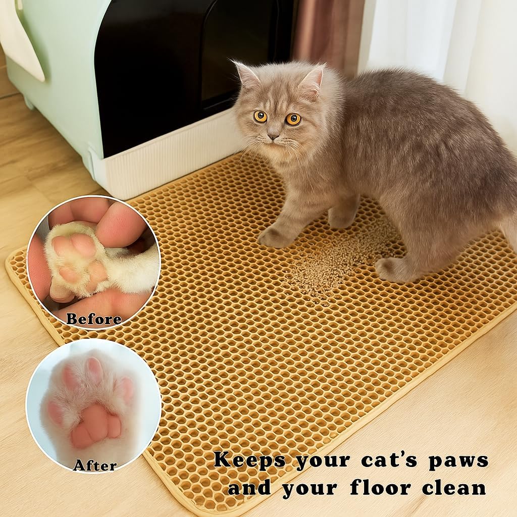 Cat Litter Mat Double Layer Honeycomb Design Non Slip Waterproof Floor Protector Easy to Clean Anti Scatter Pet Rug for Litter Box (Black, XXL(27.56" × 47.24"))