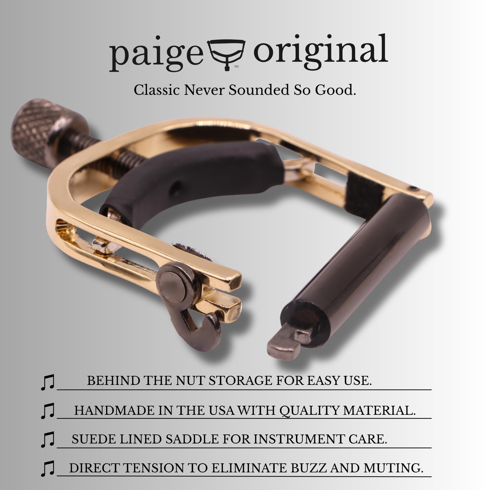 Paige - Capotasto per banjo a 5 corde, mandolino e ukulele, realizzato a mano negli Stati Uniti da Paige | Capotasto premium per banjo, mandolino e ukulele (nichel oro)