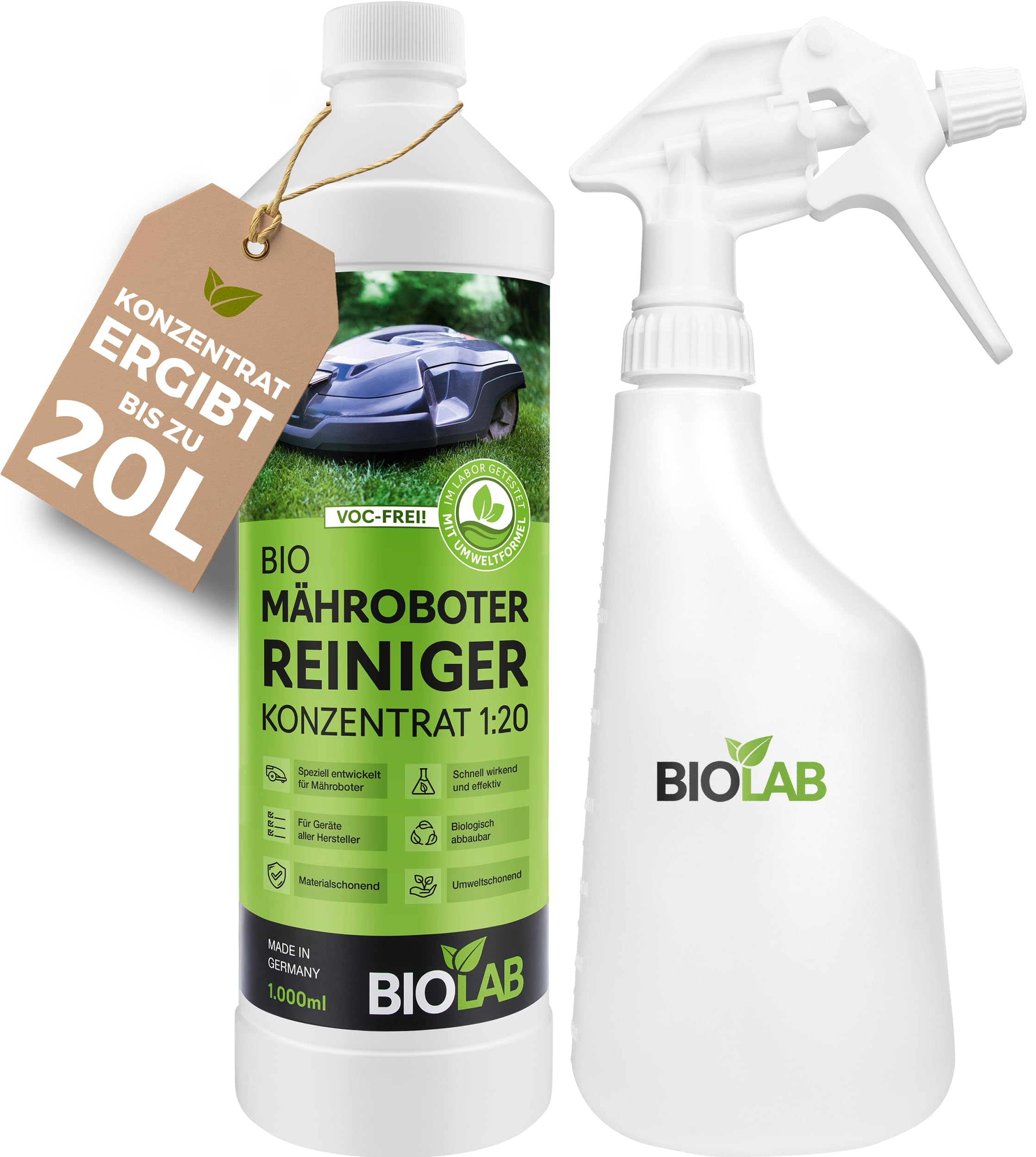 Biolab Bio Mähroboter Reinigungsset, zur Reinigung von Rasenmäher Roboter, 1000 ml Reiniger Konzentrat plus Sprayflasche zum Mischen