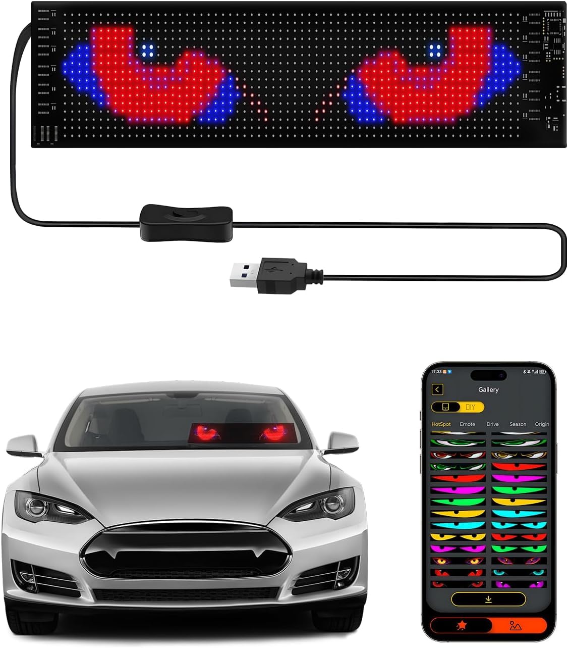 MIMIRGB Devil Eyes Light for Windshield Car/Motorcycle/Golf Cart Programmable LED Eyes [Upgraded Chip Two Screens 100% Synchronized] 14"x4" with APP & Remote Control 5V USB Powered (1 Pcs)