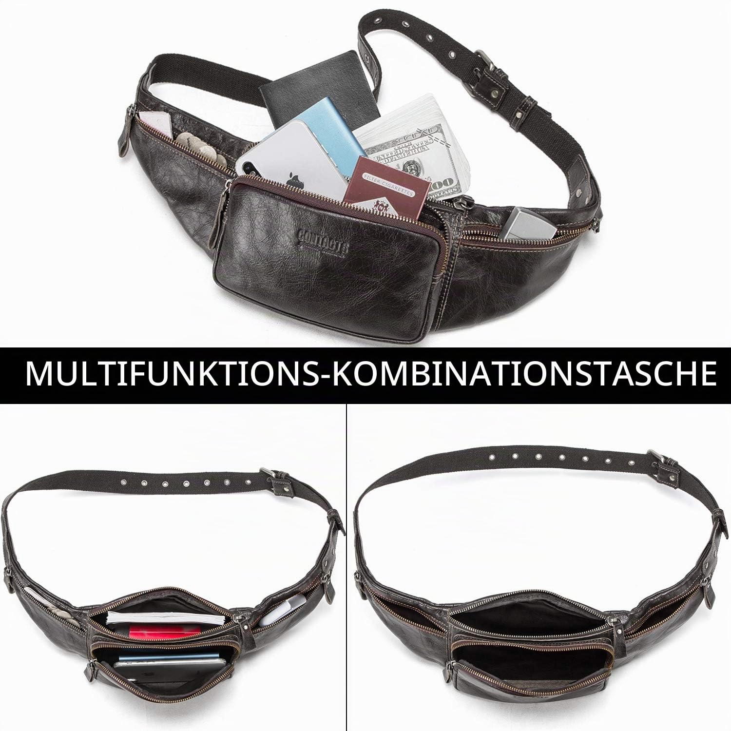 FANDARE Gürteltasche Bauchtasche Brusttasche Herren Sling Bag wasserdichte Geeignet Hüfttasche Junge Umhängetasche Leder für Joggen Wandern Radfahren Reisen