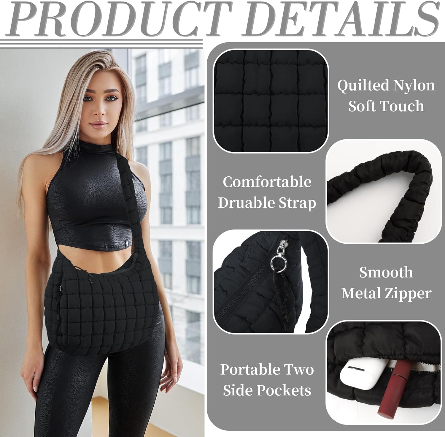 izuzta Quilted Puffer Tote Bag for Women Large Crossbody Bag Lightweight Nylon Puffy Quilted Carryall Hobo Puff Shoulder Bag - Image 4