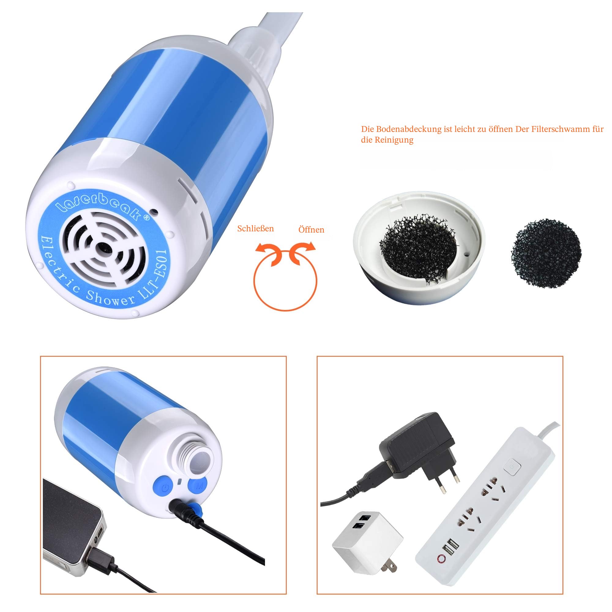 Laserbeak Tragbare Dusche Elektrische Dusche Camping Dusche eingebauter 4800mAh Batterien und mit Duschkopf Absperrventil