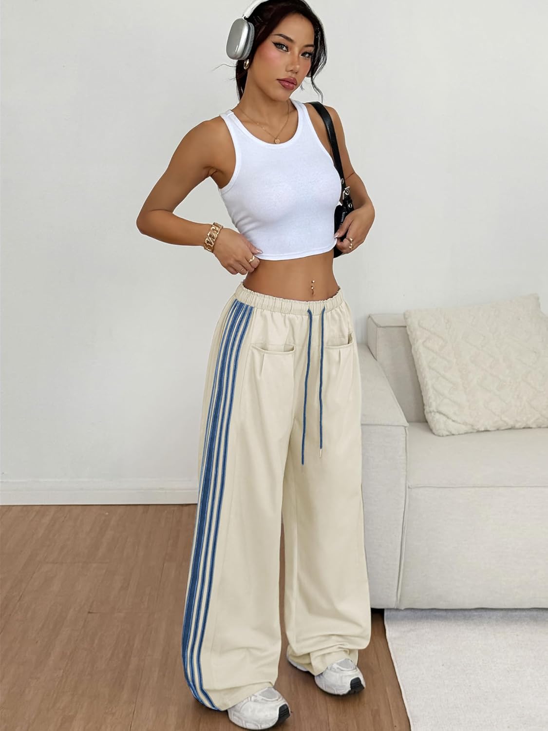 ZAFUL Women's Colorblock Straight Casual Pants Drawstring Slouchy Palazzo Pant Side Striped Lounge Trouser with Pockets - Image 6